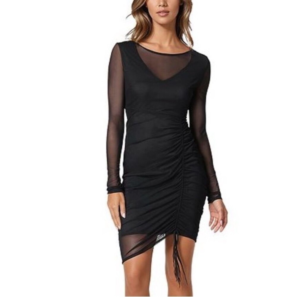 bebe Powermesh Long Sleeve Mini Dress with Ruching in Black Size XS
